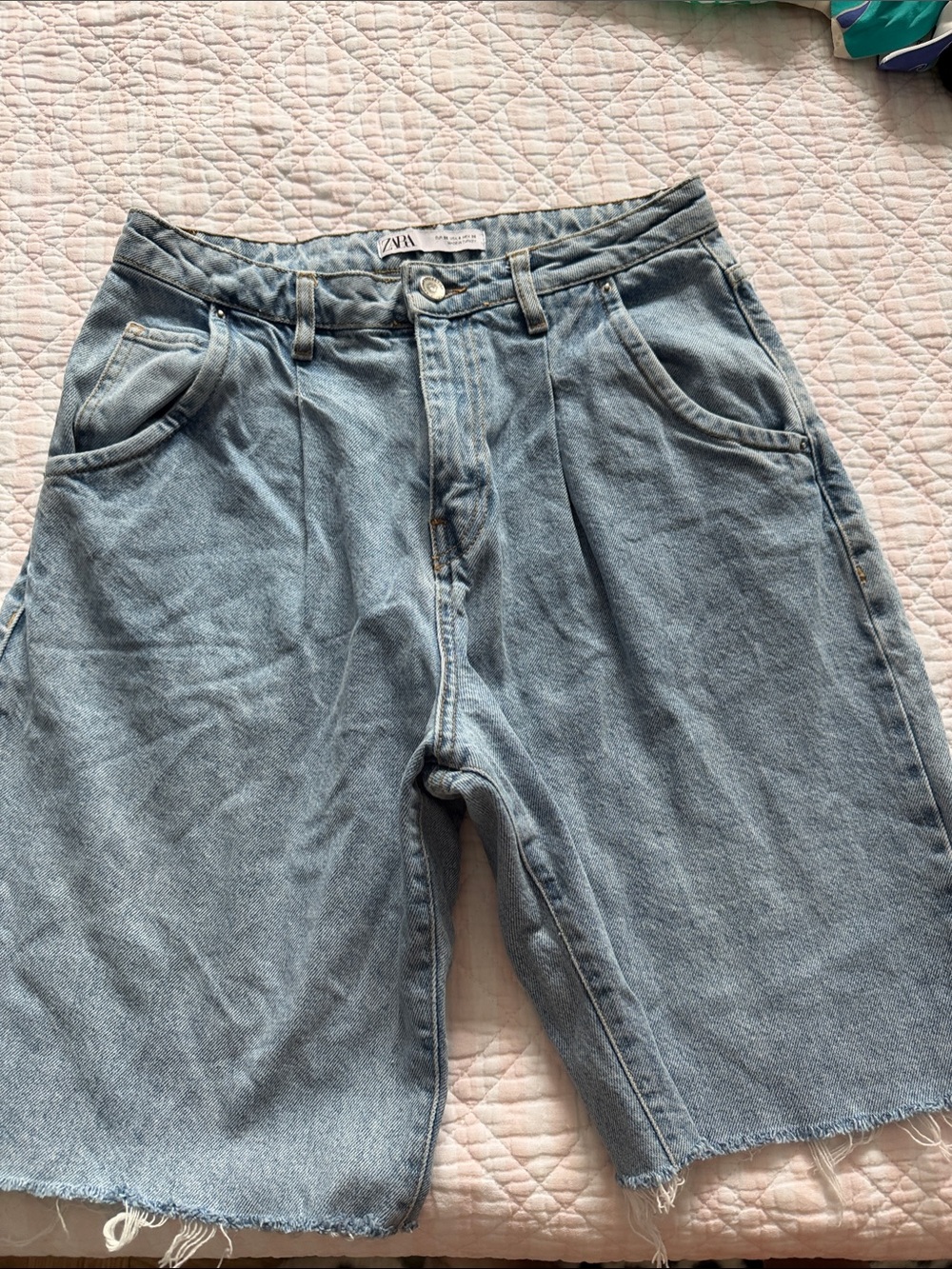 Zara Light Wash Denim Bermuda Shorts with Raw Hem